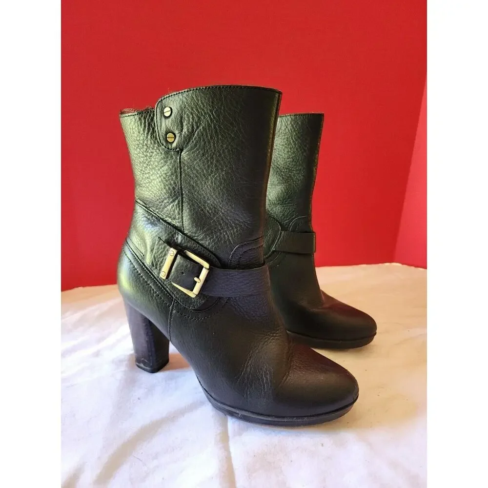 CLARKS Indigo Shoes Women's Size 8.5M Black Leather Boots Heels Booties #64503